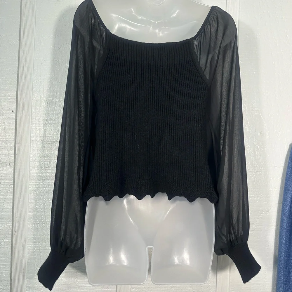 Sam Edelman Black Ribbed Shear Sleeve Sweater Size XL EUC